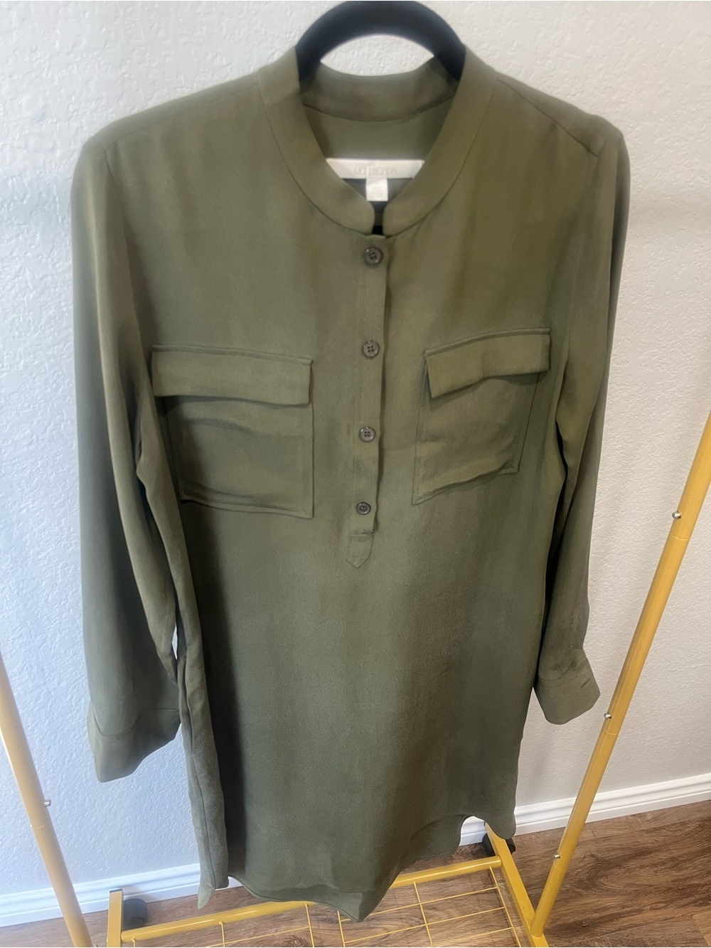 NORDSTROM COLLECTION 100% Silk Olive Green Utility Tunic Blouse